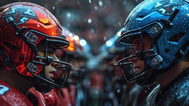 Deux équipes d'hommes en casque de football se tiennent face à face concept de rivalité