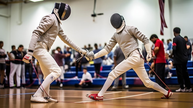 Deux escrimeurs engagés dans un duel lors d'un tournoi d'escrime