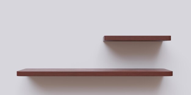 Deux étagères en bois vides une petite et une grande découpe isolée sur fond de mur de couleur blanche rendu 3d