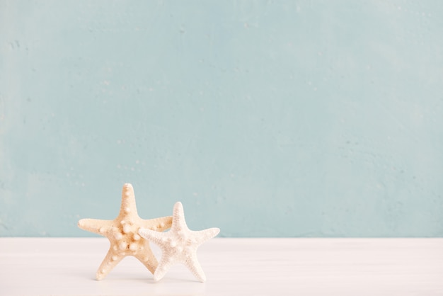 Photo deux étoiles de mer contre la table bleue pastel