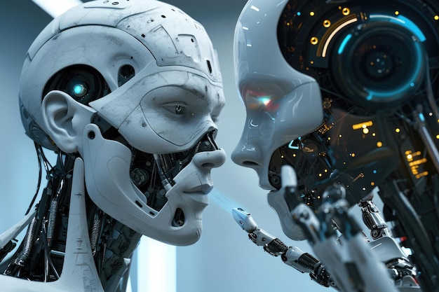 Deux êtres humanoïdes face à face dans un paysage urbain futuriste avec de hauts bâtiments et une technologie avancée en arrière-plan Un robot concevant un autre robot généré par l'IA