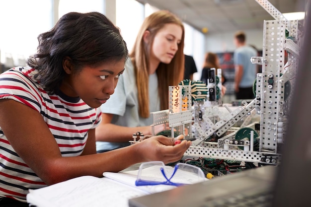Deux étudiantes construisent une machine en science, en robotique ou en ingénierie.
