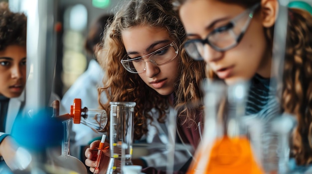 Photo deux étudiantes portant des manteaux de laboratoire et des lunettes de sécurité travaillent sur une expérience scientifique dans un laboratoire