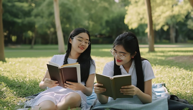 Deux étudiants asiatiques lisant dans le parc