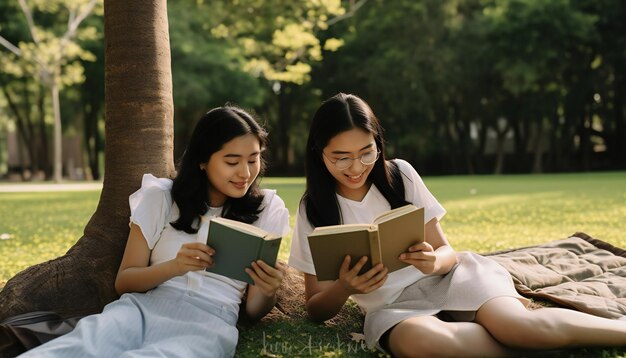 Deux étudiants asiatiques lisant dans le parc