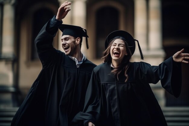 Deux étudiants en casquettes et robes de graduation rient et rient à l'extérieur d'un bâtiment universitaire