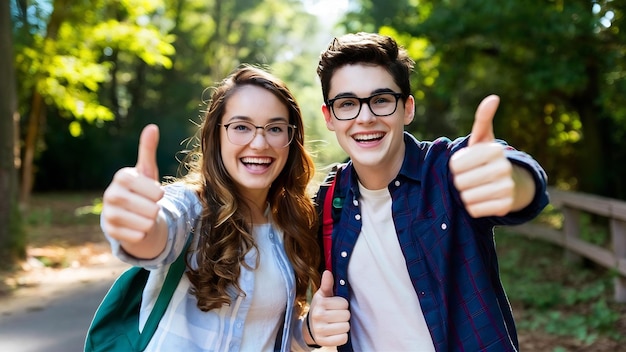 Deux étudiants heureux de bonne humeur montrant le pouce en l'air