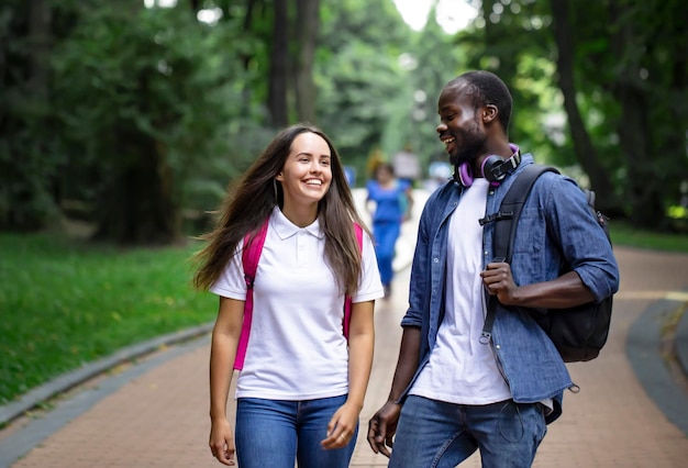 Deux étudiants multiculturels profitant de leur promenade dans le parc du campus