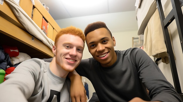 Photo deux étudiants prennent un selfie dans un dortoir d'étudiants des gars souriants et regardant la caméra