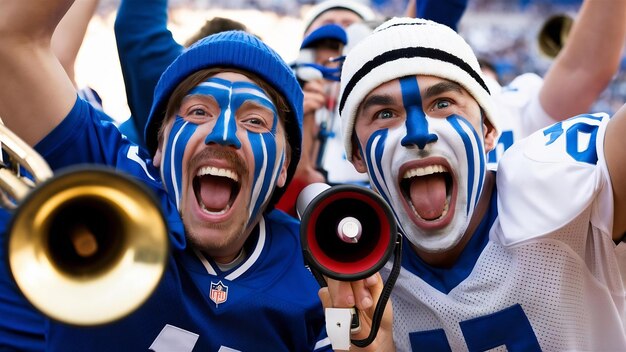 Photo les deux fans de football avec le bec sur le bleu