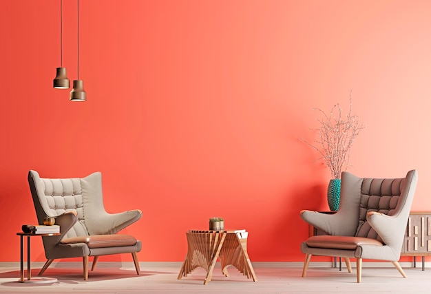 Deux fauteuils dans un salon de couleur corail vivant dans un style moderne avec table basse et décor Fond de corail vivant rendu 3d