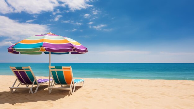 Deux fauteuils de jardin et un parapluie sont installés sur une plage de sable fin invitant à la relaxation et à la jouissance de la