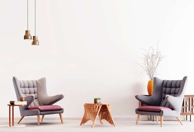 Deux fauteuils modernes dans un salon de mur de fond de couleur blanche dans un style moderne avec table basse et décor fond blanc rendu 3d