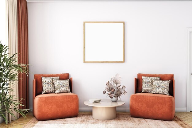 Deux fauteuils orange dans une maquette de salon avec un mur blanc et une photo encadrée au mur