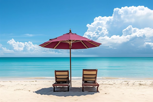 Deux fauteuils sur la plage avec un parapluie