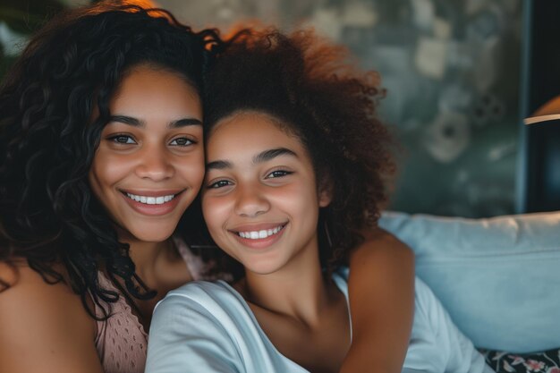 Deux femelles souriantes aux cheveux bouclés, un adulte et un adolescent, s'embrassant affectueusement dans un cadre intérieur confortable.