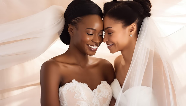 Deux femmes africaines noires heureuses en robe de mariée concept de la Saint-Valentin