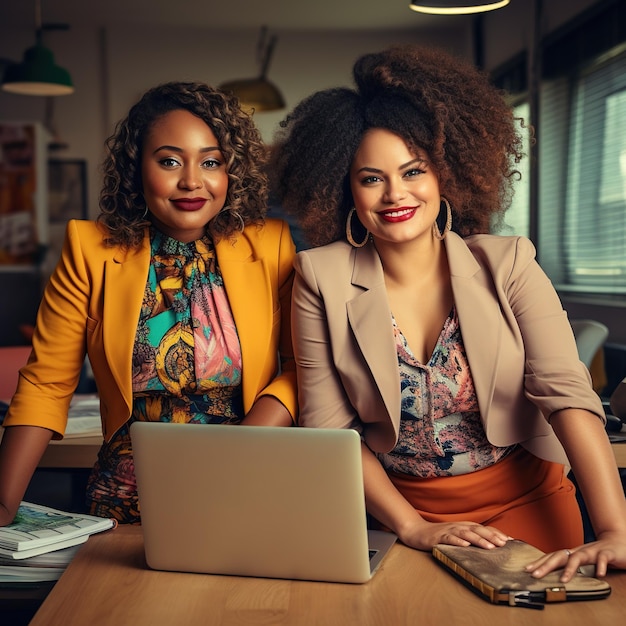 Deux femmes afro-américaines de grande taille souriantes, heureuses, assises à un bureau avec un ordinateur portable généré par l'IA