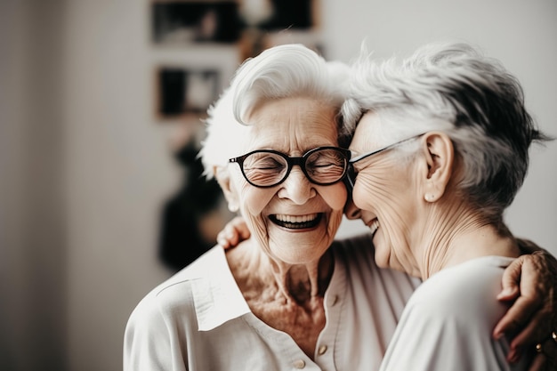 Deux femmes âgées aux cheveux gris étreignant et riant Concept de vieillesse heureuse avec les amis et la famille
