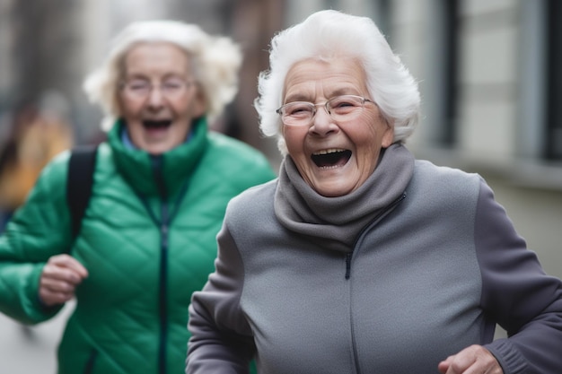 Deux femmes âgées courent dans une rue, l'une a une veste verte et l'autre une veste verte.