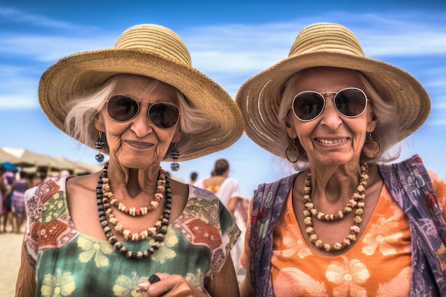 Deux femmes âgées portant des chapeaux et un fond de ciel bleu