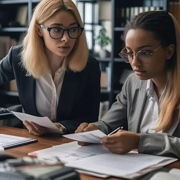 Deux femmes assises à un bureau, l'une regarde des papiers et l'autre regarde les papiers.