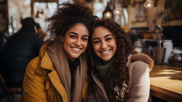 deux femmes assises à une table souriant devant la caméra Generative AI