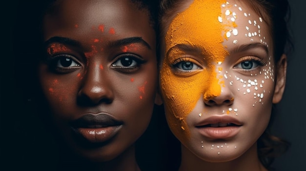 Deux femmes aux visages de couleurs différentes se tiennent l'une à côté de l'autre.