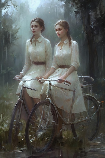 Deux femmes à bicyclette sous la pluie