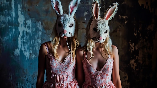 Deux femmes blondes vêtues d'un masque et d'une robe de lapin de Pâques posent