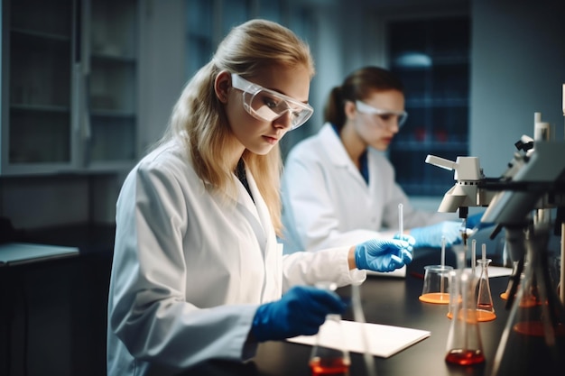 Deux femmes en blouse de laboratoire et lunettes de protection travaillent dans un laboratoire avec un microscope et un verre de liquide.