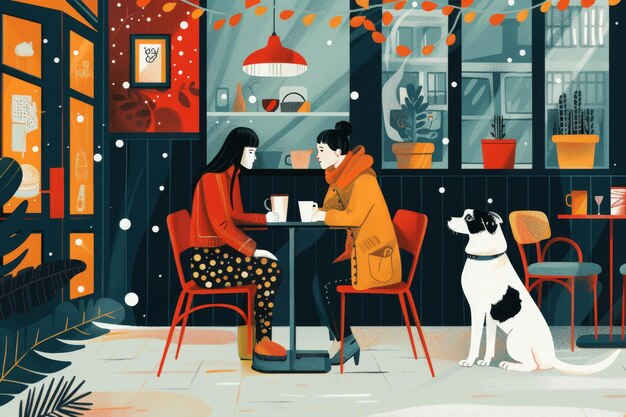 deux femmes avec un chien dans un café scandinave