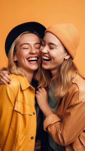 Deux femmes cool et heureuses qui s'embrassent et rient