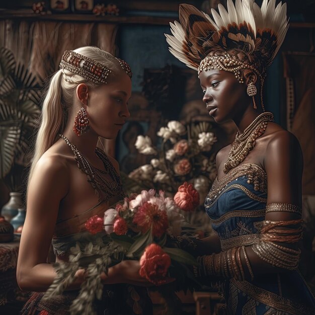 Photo deux femmes en costume traditionnel avec des fleurs et le mot indien sur eux