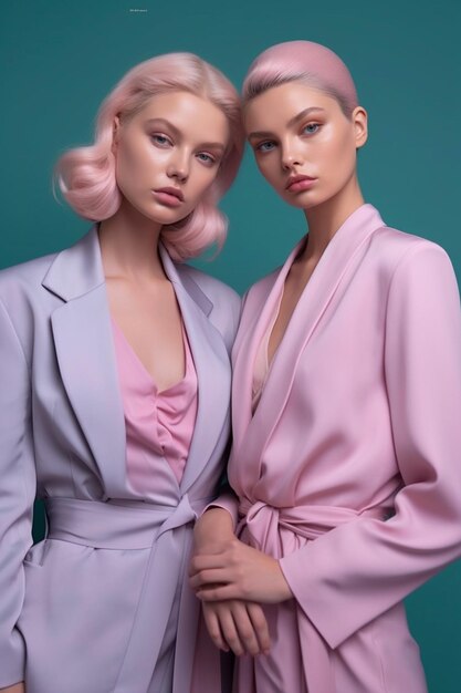 deux femmes en costumes aux cheveux roses et un noeud papillon rose