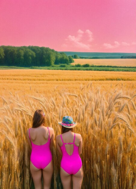 deux femmes dans un champ de blé avec un fond rose avec un ciel en arrière-plan