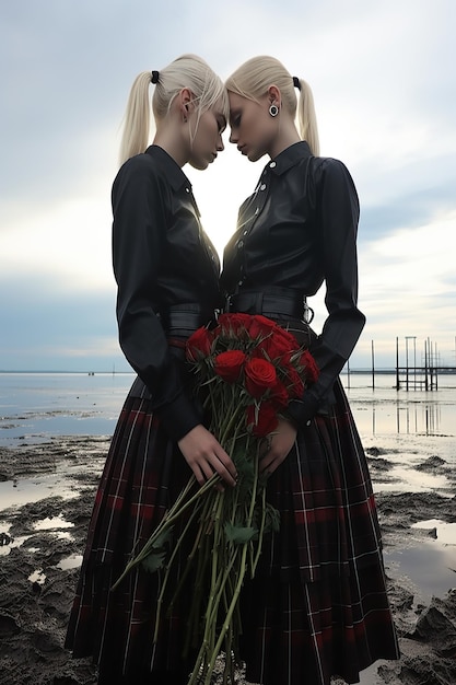 deux femmes debout sur une plage tenant des fleurs