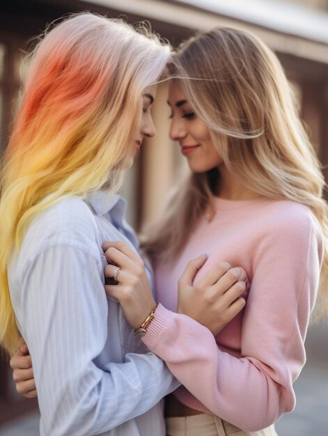 deux femmes dont l'une porte une chemise rose l'une a des cheveux de couleur arc-en-ciel