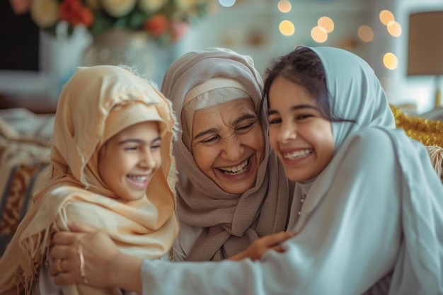 deux femmes et une fille sourient et s'embrassent