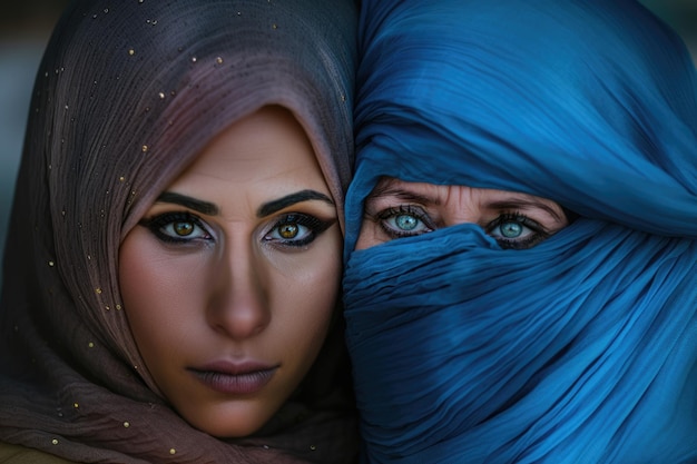 Deux femmes avec des foulards bleus époustouflants et des yeux bleus hypnotisants regardent attentivement leur connexion palpable