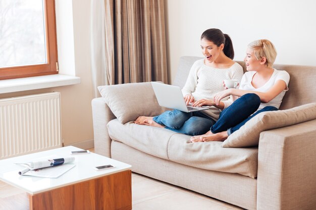 Deux femmes gaies utilisant un ordinateur portable sur le canapé à la maison