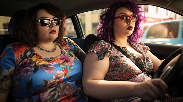 Deux femmes de grande taille conduisant une voiture Deux amis en surpoids sont partis en voyage en voiture AI