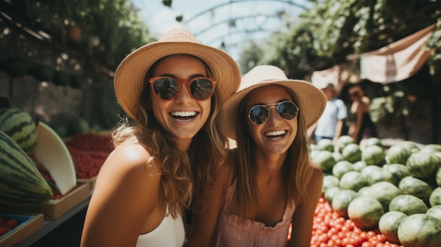 Deux femmes heureuses portant des chapeaux et des lunettes de soleil sur un marché