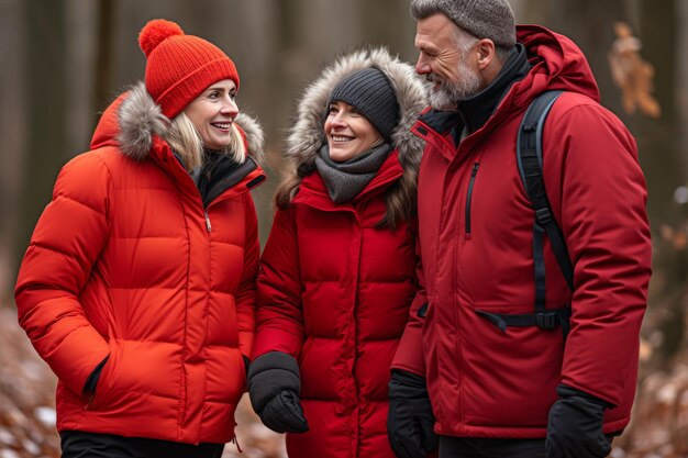 Deux femmes et un homme en vestes et chapeaux chauds rouges sourient et bavardent agréablement à l'air frais