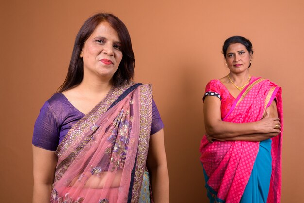 Deux femmes indiennes matures portant des vêtements traditionnels indiens Sari ensemble