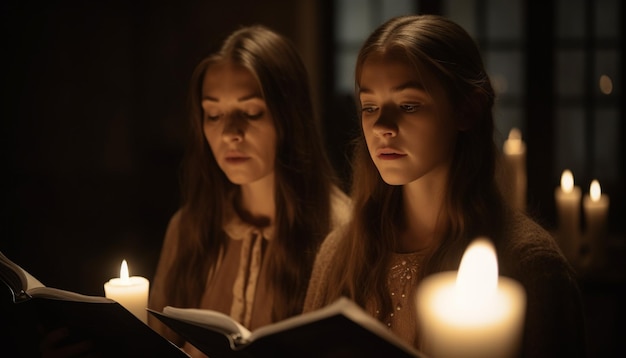 Deux femmes lisant la Bible à la lumière d'une flamme de bougie générée par l'intelligence artificielle