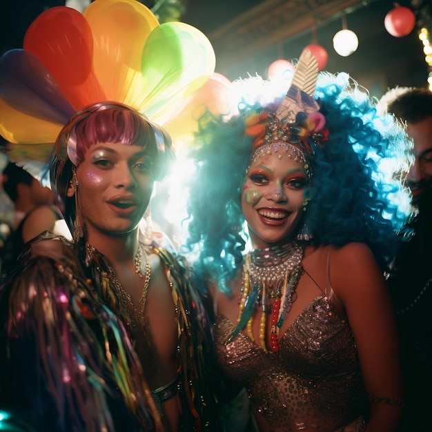 Deux femmes lors d'une soirée LGBT vêtues de costumes colorés