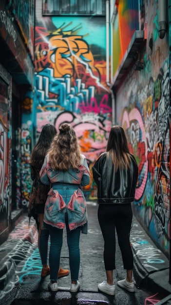 Deux femmes marchant dans une ruelle étroite avec des graffitis sur les murs image générative ai
