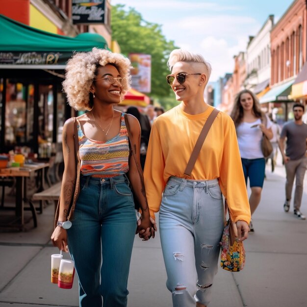 Photo deux femmes marchent dans une rue, l'une portant une chemise jaune et l'autre une chemise jaune.