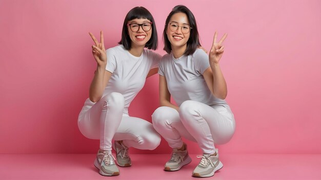 Photo deux femmes merveilleuses avec des cheveux courts et des lunettes modernes dans un pantalon blanc mince et des baskets légères smi